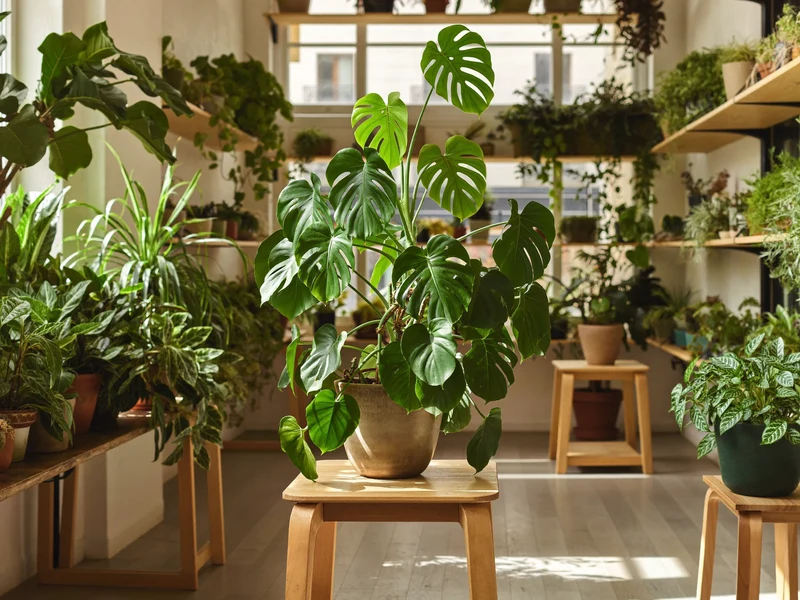 Interno luminoso di una floricoltura milanese con piante su tavoli e scaffali in legno