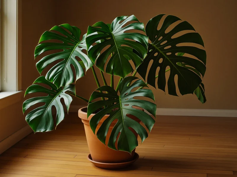 Monstera deliciosa in vaso di terracotta accanto a una finestra luminosa