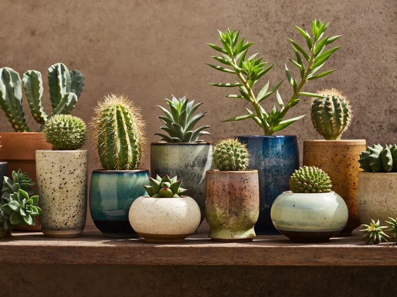 Succulente e cactus in vasi di ceramica tornita su una mensola di legno