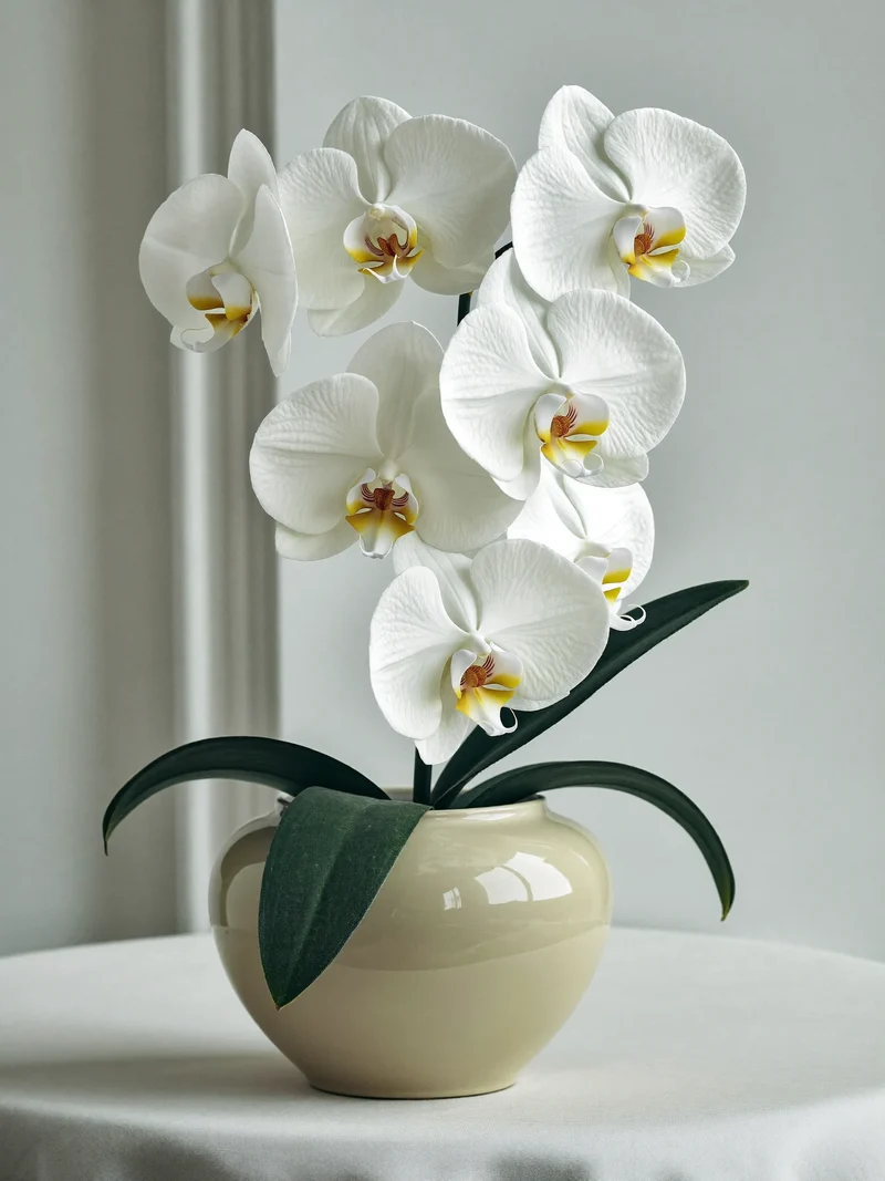 Orchidea phalaenopsis bianca in vaso smaltato su un tavolo in lino
